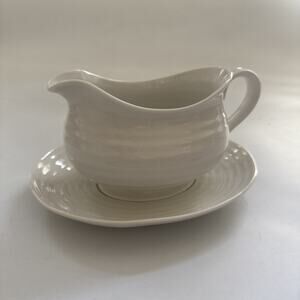 Sophie Conrad for Portmeirion Gravy Boat with Plate Swirl White EUC Serving